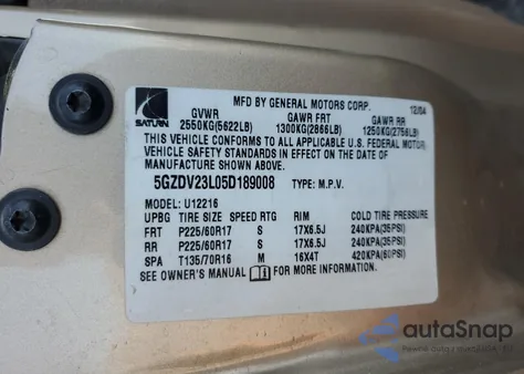 2005 Saturn Relay 3 z USA, uszkodzony, nr VIN 5GZDV23L05D189008